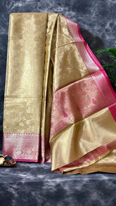 Gold and Pink Self Floral Kanchipuram Tissue Silk Saree